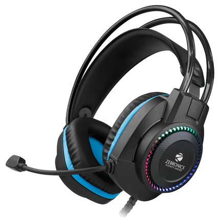 Zebronics Jet PRO Premium Wired Gaming On Ear Headphone with LED for Headband + earcups, 40mm Neodymium Drivers, 2 Meter Braided Cable, with mic, Suspension Design, 3.5mm + USB Connector (Black, Blue) - Unboxify