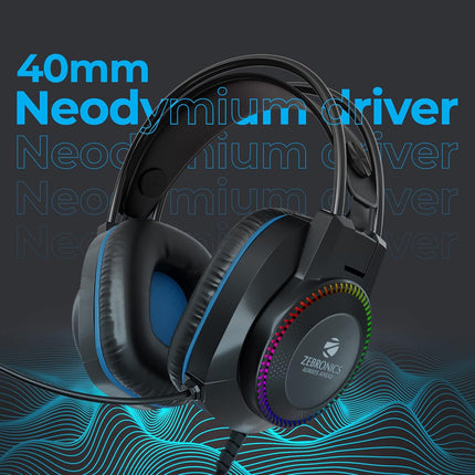 Zebronics Jet PRO Premium Wired Gaming On Ear Headphone with LED for Headband + earcups, 40mm Neodymium Drivers, 2 Meter Braided Cable, with mic, Suspension Design, 3.5mm + USB Connector (Black, Blue) - Unboxify
