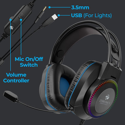 Zebronics Jet PRO Premium Wired Gaming On Ear Headphone with LED for Headband + earcups, 40mm Neodymium Drivers, 2 Meter Braided Cable, with mic, Suspension Design, 3.5mm + USB Connector (Black, Blue) - Unboxify
