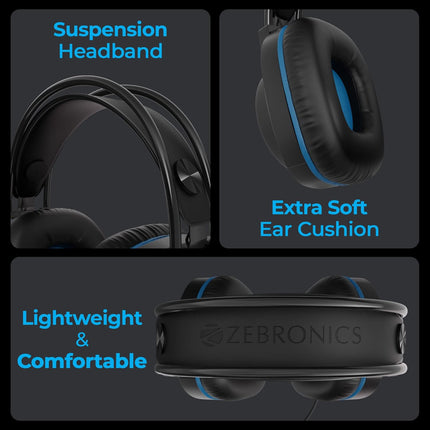 Zebronics Jet PRO Premium Wired Gaming On Ear Headphone with LED for Headband + earcups, 40mm Neodymium Drivers, 2 Meter Braided Cable, with mic, Suspension Design, 3.5mm + USB Connector (Black, Blue) - Unboxify