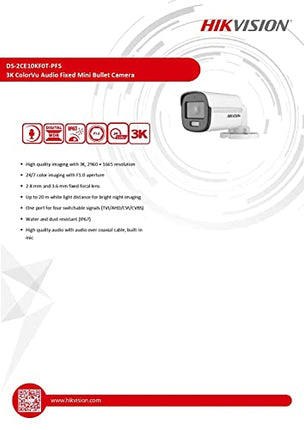 HIKVISION 3K ColorVu Audio Fixed Mini Bullet Camera DS-2CE10KF0T-PFS - Unboxify
