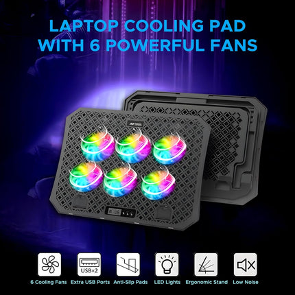 Ant Esports NC210 Gaming Laptop RGB Cooling Pad, 6 Quite Cooling Fans, Dual USB Ports, 5 Height Adjustable, Ergonomic Stand for 10″–15.6″ Laptops – High Airflow Speed Function Notebook Cooler
