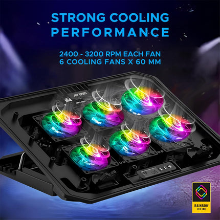 Ant Esports NC210 Gaming Laptop RGB Cooling Pad, 6 Quite Cooling Fans, Dual USB Ports, 5 Height Adjustable, Ergonomic Stand for 10″–15.6″ Laptops – High Airflow Speed Function Notebook Cooler