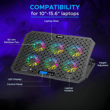 Ant Esports NC210 Gaming Laptop RGB Cooling Pad, 6 Quite Cooling Fans, Dual USB Ports, 5 Height Adjustable, Ergonomic Stand for 10″–15.6″ Laptops – High Airflow Speed Function Notebook Cooler