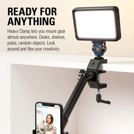 Elgato Heavy Clamp – Professional Mount with Ball Head and 4x 1/4 inch holes, Ultra Secure and Durable, Mount on Desks, Shelves, Poles, perfect for Cameras, Lights, Flash, and more