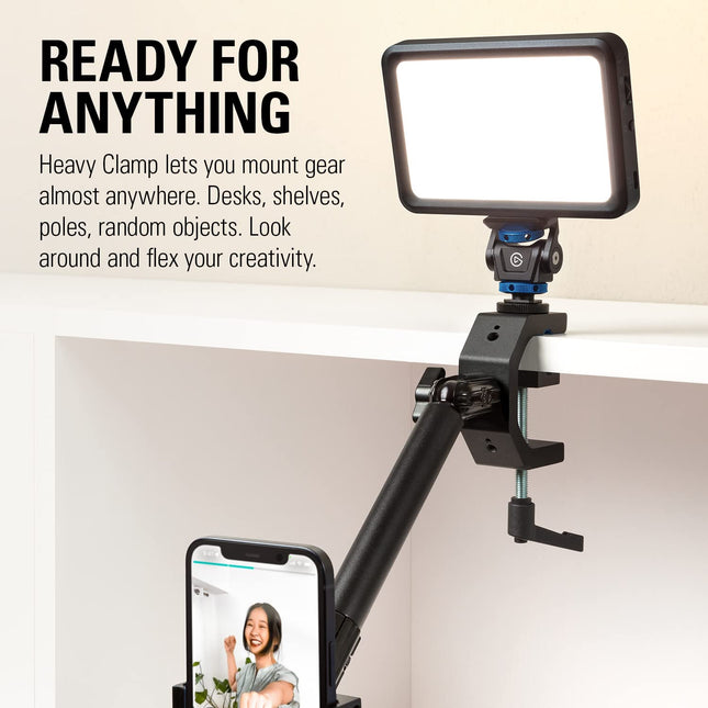 Elgato Heavy Clamp – Professional Mount with Ball Head and 4x 1/4 inch holes, Ultra Secure and Durable, Mount on Desks, Shelves, Poles, perfect for Cameras, Lights, Flash, and more