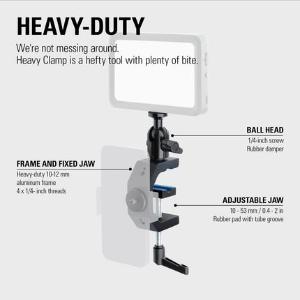 Elgato Heavy Clamp – Professional Mount with Ball Head and 4x 1/4 inch holes, Ultra Secure and Durable, Mount on Desks, Shelves, Poles, perfect for Cameras, Lights, Flash, and more