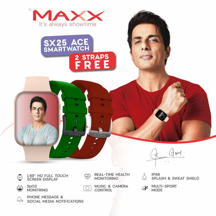 Maxx SX25 Ace Smartwatch - 1.69" Display, Bluetooth, 100+ Sports Modes, Health Suite, Voice Assistance, Includes 2 Bonus Straps (Rose Glod) - Unboxify