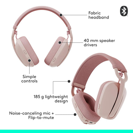 Logitech Zone Vibe 100 Lightweight Wireless Over-Ear Headphones with Noise-Cancelling Microphone, Advanced Multipoint Bluetooth Headset, Works with Teams, Google Meet, Zoom, Mac/PC