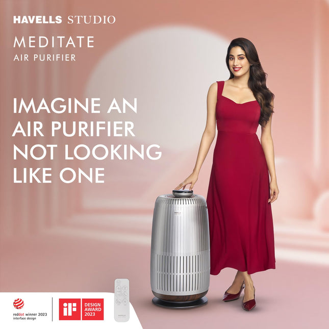Havells Studio Meditate AP400 Air purifier with TiO2 module + HEPA 14 grade filter + Portable AQI Monitoring, Wi-Fi Enabled. One Composite Filter Free during Service (Silver Satin) - Unboxify