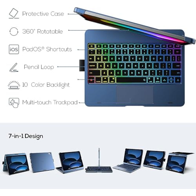 typecase Touch Keyboard for 11th(A16, 2025)/10th Gen with Multi-Touch Trackpad, 11-Colors Backlit, 360° Rotatable Multi Viewing Angle, Pencil Holder -MN Blue (** Not fit to Air 11/Air 5th/Pro 11) - Unboxify