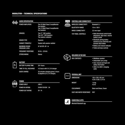 Marshall Middleton Portable Bluetooth Speaker with 20+ Hours of Portable Playtime, 360° Sound, Dust & Waterproof (IP67) - Black & Brass