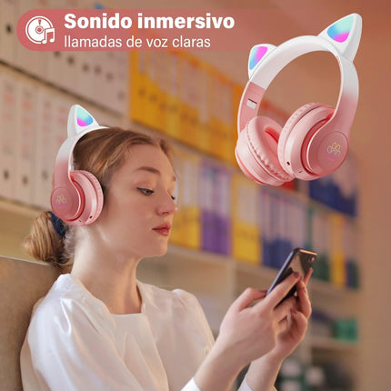 WK LIFE BORN TO LIVE- 2024 Updated 5.3 Verson with Type C Jack Wireless/Wired Kids Headphones with Mic for Girls/Boys Cat Ear Bluetooth Online Learning School - Unboxify
