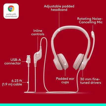 Logitech H390 Wired Headset for PC/Laptop, Stereo Headphones with Noise Cancelling Microphone, USB-A, in-Line Controls, Works with Chromebook - Rose