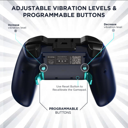 EvoFox Elite X Wireless Gaming Controller for PC with 2 Programmable Macro Back Buttons, Adjustable Dual Vibration Motors,Turbo Mode,Analog Triggers, High Precision joysticks,Low Latency Plug and Play,Free USB Extender,Translucent Shell Gamepad for pc
