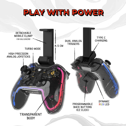 EvoFox One Universal Bluetooth Gaming Controller For PC, iOS, iPadOS, Android and PS4, Dynamic Rgb Lights, Transparent Design Gamepad, Programable Buttons, Turbo Mode with The Dojo App, Detachable Mobile Clamp, and More