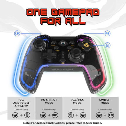 EvoFox One Universal Bluetooth Gaming Controller For PC, iOS, iPadOS, Android and PS4, Dynamic Rgb Lights, Transparent Design Gamepad, Programable Buttons, Turbo Mode with The Dojo App, Detachable Mobile Clamp, and More