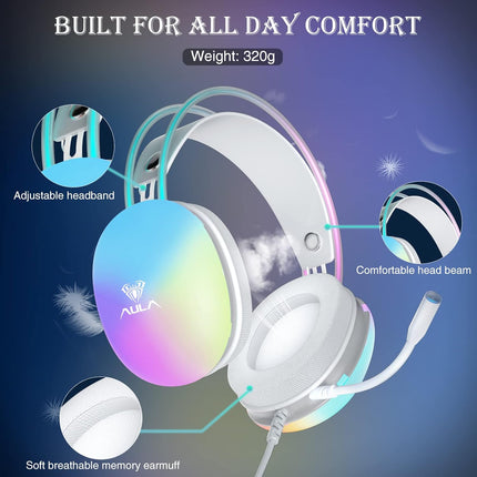 AULA S505 USB Wired Gaming in Ear Headphones with Mic for PC | RGB Rainbow Backlit Gaming Headphone,Virtual 7.1 Surround Sound,50mm Driver,Soft Memory Earmuffs | Wired Laptop Desktop Headset (Green)
