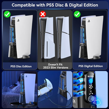 Kytok PS5 Gaming PC Cooling Fan with 3 Adjustable Fans, Quiet PS5 Fan Upgraded with 9 Blades and Extra USB HUB, PS5 Cooler with Touch Screen Compatible with Playstation 5 Digital & Disc Edition