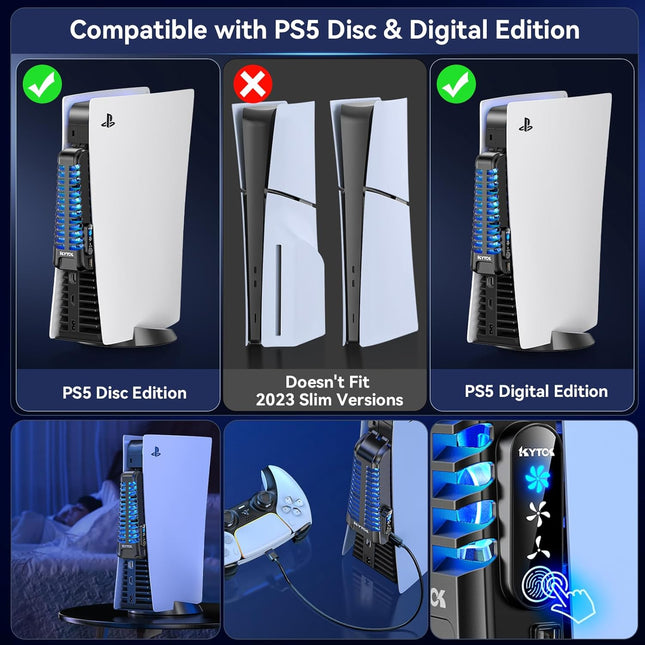 Kytok PS5 Gaming PC Cooling Fan with 3 Adjustable Fans, Quiet PS5 Fan Upgraded with 9 Blades and Extra USB HUB, PS5 Cooler with Touch Screen Compatible with Playstation 5 Digital & Disc Edition