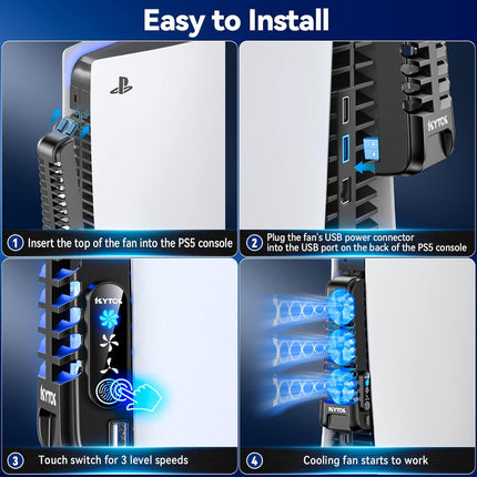 Kytok PS5 Gaming PC Cooling Fan with 3 Adjustable Fans, Quiet PS5 Fan Upgraded with 9 Blades and Extra USB HUB, PS5 Cooler with Touch Screen Compatible with Playstation 5 Digital & Disc Edition