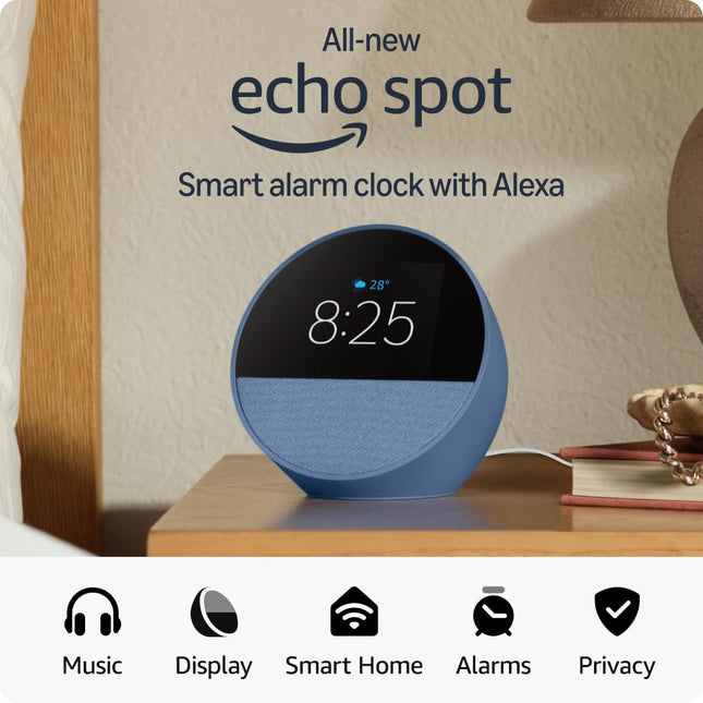 Amazon Echo Spot (latest model), Smart alarm clock with vibrant sound, Alexa and Bluetooth | Blue