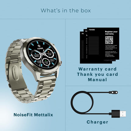 Noise Newly Launched Mettalix: 1.4" HD Display with Metallic Straps and Stainless Steel Finish, BT Calling, Functional Crown, 7 Day Battery, Smart Watch for Men and Women (Elite Silver) - Unboxify