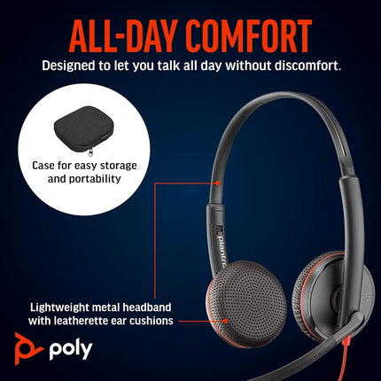 Poly (Plantronics) Blackwire 3225 USB-C Headset, On Ear w/Noise-canceling mic, Connect to Mobile/Tablet via USB-C/A, Lightweight Metal Headband, Works w/Teams, Zoom and More, Black, 8G0X1AA