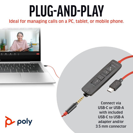 Poly (Plantronics) Blackwire 3225 USB-C Headset, On Ear w/Noise-canceling mic, Connect to Mobile/Tablet via USB-C/A, Lightweight Metal Headband, Works w/Teams, Zoom and More, Black, 8G0X1AA