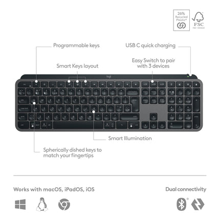 Logitech G Keys S Wireless Keyboard, Low Profile, Fluid Precise Quiet Typing, Programmable Keys, Backlighting, Bluetooth, USB C Rechargeable, for Windows PC, Linux, Chrome, Mac - Graphite