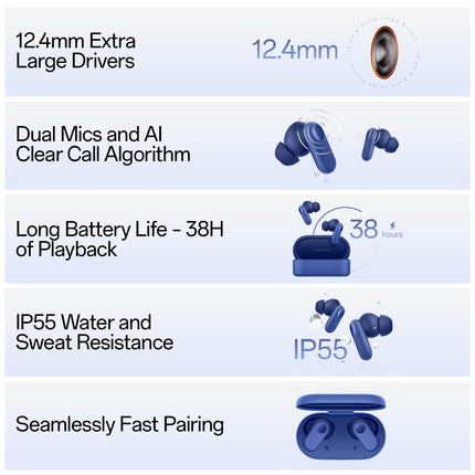 OnePlus Nord Buds 2r True Wireless in Ear Earbuds with Mic, 12.4mm Drivers, Playback:Upto 38hr case,4-Mic Design, IP55 Rating [Triple Blue] - Unboxify
