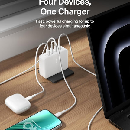 Belkin 140W 4-Port GaN Wall Charger | Travel Plug USB -C PD Fast Charge | Compatible for iPhone 17, Samsung Galaxy, Google Pixel, Ipad, MacBook, Tablet, HP, Dell, Lenovo | 2 Years Warranty, White - Unboxify