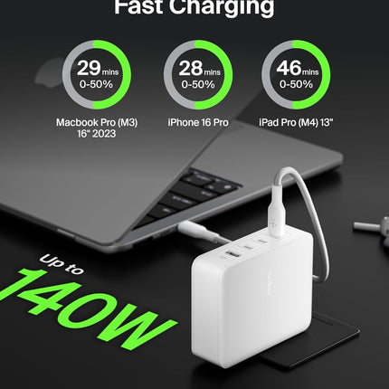 Belkin 140W 4-Port GaN Wall Charger | Travel Plug USB -C PD Fast Charge | Compatible for iPhone 17, Samsung Galaxy, Google Pixel, Ipad, MacBook, Tablet, HP, Dell, Lenovo | 2 Years Warranty, White - Unboxify