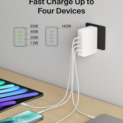Belkin 140W 4-Port GaN Wall Charger | Travel Plug USB -C PD Fast Charge | Compatible for iPhone 17, Samsung Galaxy, Google Pixel, Ipad, MacBook, Tablet, HP, Dell, Lenovo | 2 Years Warranty, White - Unboxify