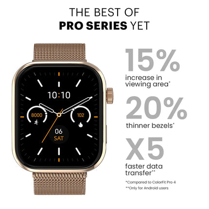 Noise Colorfit Pro 5 Smart Watch 1.85" AMOLED Display, BT Calling, New DIY Watch Faces, Smart Dock Design, Emergency SOS Tech, Emoji Support, 5X Faster Data Transfer, Instacharge (Starlight Gold) - Unboxify