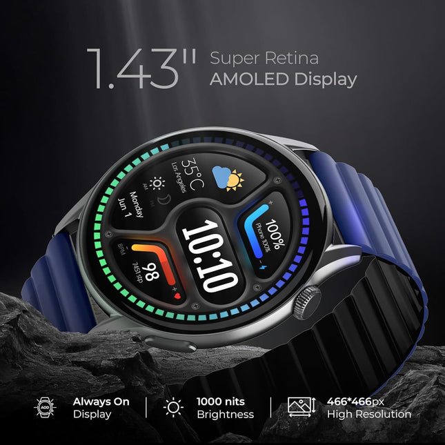beatXP Evoke 1.43” Super Retina AMOLED Display Bluetooth Calling Smart Watch, 466 * 466px, 1000 Nits, 60Hz Refresh Rate, 100+ Sports Modes - Unboxify