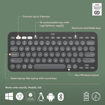 Logitech Pebble Keys 2 K380s, Multi-Device Bluetooth Wireless Keyboard with Customisable Shortcuts, Slim and Portable, Easy-Switch for Windows, macOS, iPadOS, Android, Chrome OS