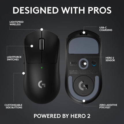 Logitech G PRO X Superlight 2 Lightspeed Wireless Gaming Mouse, Lightweight, LIGHTFORCE Hybrid Switches, Hero 2 Sensor, 32,000 DPI, 5 Programmable Buttons, USB-C Charging, PC & Mac - Black