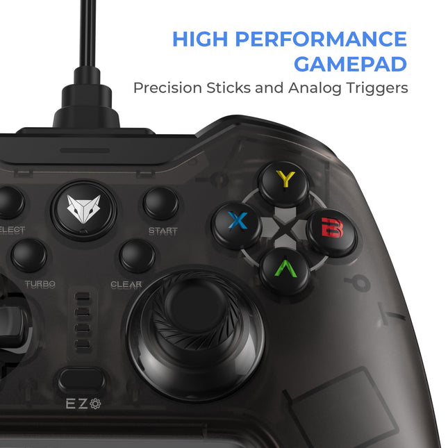 EvoFox Elite X Wired Gaming Controller for PC with 2 Programmable Macro Back Buttons, Adjustable Dual Vibration Motors,Turbo Mode,Analog Triggers, High Precision joysticks,Low Latency Plug and Play,Translucent Shell Controller for pc
