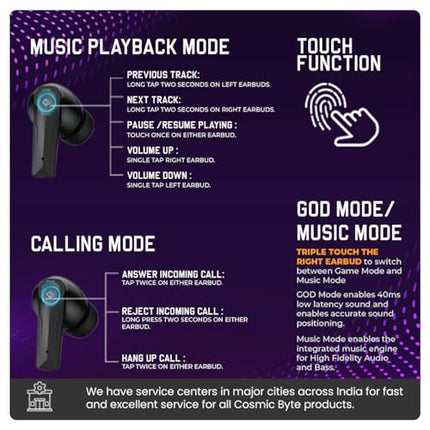 Cosmic Byte CosmoBuds X50 True Wireless Earbuds (TWS), BT 5.3, 40ms Latency GOD Mode™, Music Mode, RGB, 40Hrs, ENC, DNS Quad Mics, IPX5, Voice Assistant (Black) - Unboxify