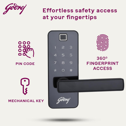 Godrej Smart Lock I Catus Touch Pro I Digital Lock for Main and Internal Wooden Door I 3 in 1 Access I Fingerprint I Pin Access I Mechanical Key I Black | 3 Yrs Warranty - Unboxify