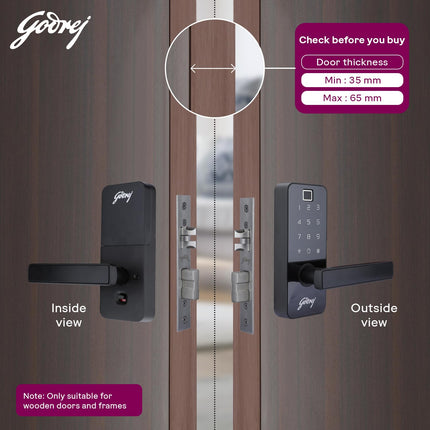 Godrej Smart Lock I Catus Touch Pro I Digital Lock for Main and Internal Wooden Door I 3 in 1 Access I Fingerprint I Pin Access I Mechanical Key I Black | 3 Yrs Warranty - Unboxify