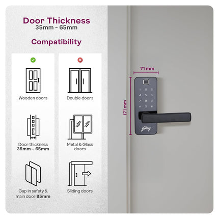 Godrej Smart Lock I Catus Touch Pro I Digital Lock for Main and Internal Wooden Door I 3 in 1 Access I Fingerprint I Pin Access I Mechanical Key I Black | 3 Yrs Warranty - Unboxify