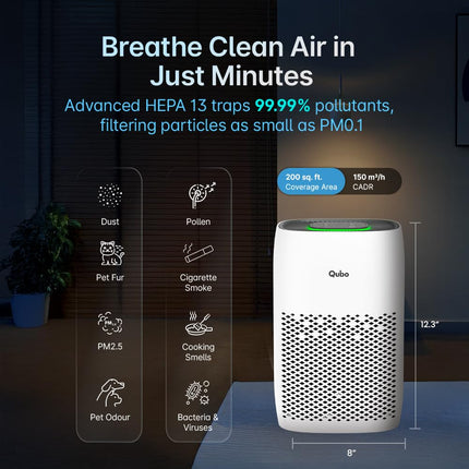 Qubo Smart Air Purifier Q200 for Home by Hero Group | Upto 200 Sq Ft | 99.99% Allergen Removal | HEPA H13 | 9000 Hrs Filter Life | App & Voice Control | Energy Saving | Ultra-Quiet BLDC Motor - Unboxify