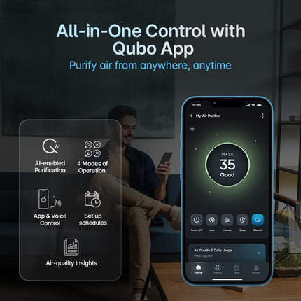 Qubo Smart Air Purifier Q200 for Home by Hero Group | Upto 200 Sq Ft | 99.99% Allergen Removal | HEPA H13 | 9000 Hrs Filter Life | App & Voice Control | Energy Saving | Ultra-Quiet BLDC Motor - Unboxify