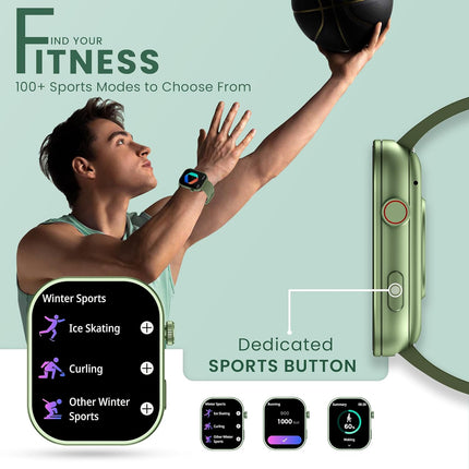 HAMMER Tussle 2.01" HD Display Smart Watch, Bluetooth Calling, Rotating Crown, Voice Assistant, in-Built Games, Smart Notifications, Sports Mode, DND, Raise to Wake (Limelight Green) - Unboxify