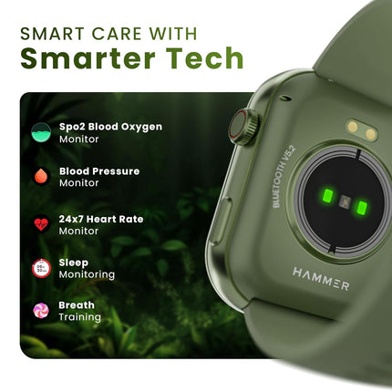 HAMMER Tussle 2.01" HD Display Smart Watch, Bluetooth Calling, Rotating Crown, Voice Assistant, in-Built Games, Smart Notifications, Sports Mode, DND, Raise to Wake (Limelight Green) - Unboxify