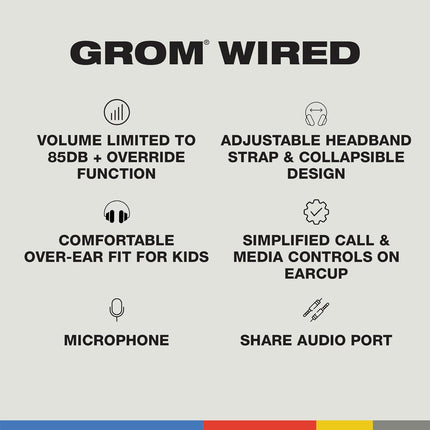Skullcandy Grom Over-Ear Wired Headphones for Kids, Volume-Limiting, Share Audio Port, Microphone, Work with Bluetooth Devices and Computers - Surf Blue
