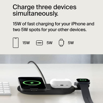 Belkin Magsafe 3-in-1 Wireless Charging Pad Qi2 15W + Additional USB-C Port - MagSafe-Compatible, Charging Station for iPhone 16, 15, & 14 Series, AirPods, Apple Watch and More - Black