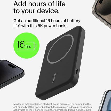 Belkin Qi2 Wireless Power Bank 15W 5000 mAh | MagSafe Charger w/Built-in Pop-up Kickstand | Compatible w/iPhone 17, Air, Pro, Pro Max, Google Pixel 10, etc. (BRAND NEW/SEALED) - Unboxify